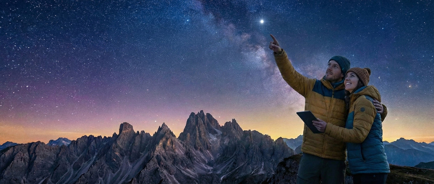 A couple pointing to a star in the night sky