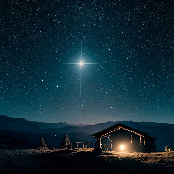 A bright star shining over a nativity scene set in a mountainous landscape at night.